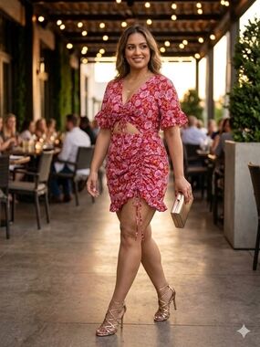 PrettyLittleThing Floral Cutout V-Neck Ruched Mini Dress Burgundy Pink Size 14